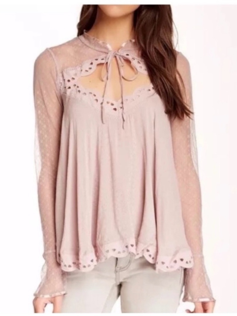 Free People Black Magic top pink mauve lace sheer tie crochet cutout